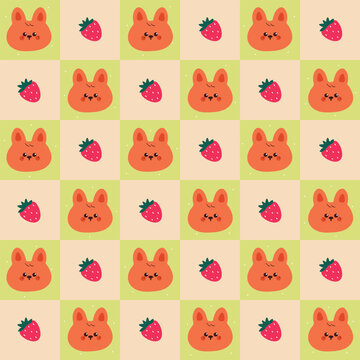 cute green and pink patchwork pattern with hand drawn cartoon bunny and strawberry
