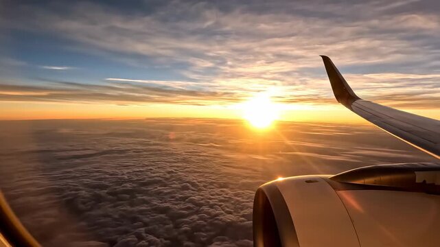 view from airplane window during golden hour sunset over clouds, wing and engine visible