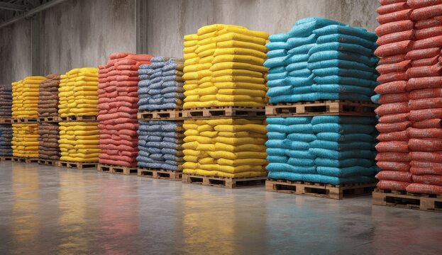 Warehouse Storage of Colorful Sacks of Raw Materials on Pallets.