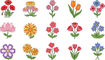 Colorful spring flower vector collection featuring assorted garden blossoms like red poppies, orange tulips, pink daisies, and blue pansies for botanical nature and greeting card designs. © MDSaiful