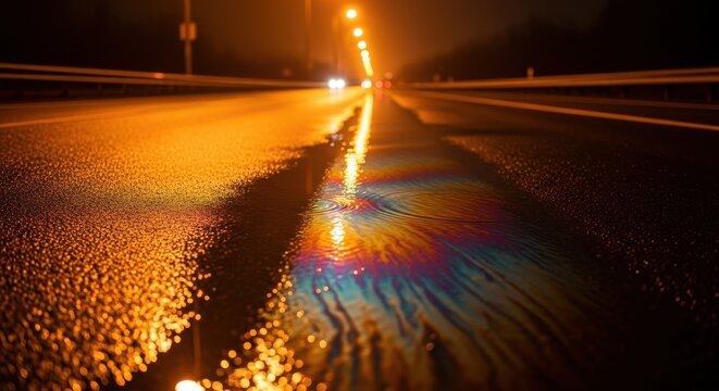Vibrant rainbow oil slick reflecting streetlights on wet asphalt at night