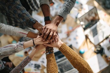 Obraz premium Diverse hands unite, symbolizing teamwork, collaboration, and shared purpose