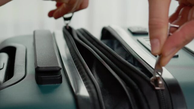 Hands are shown zipping a suitcase to pack clothes for a trip. This activity focuses on getting ready for vacation and organizing travel items.