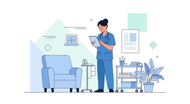 Nurse in Uniform Checks Tablet in Modern Healthcare Room with Patient Chair