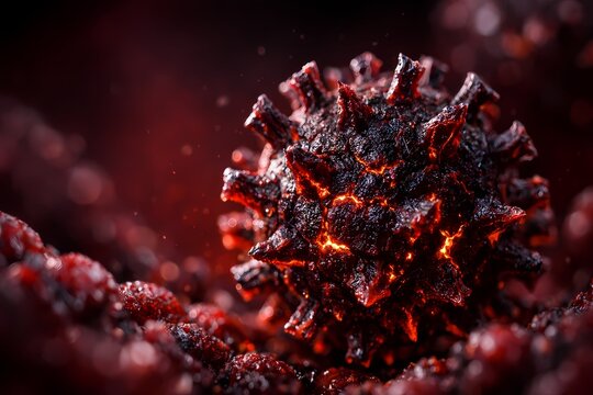 Detailed macroscopic visualization of a glowing red virus particle in the bloodstream. This high quality digital illustration is perfectly suitable for medical presentations and web design.