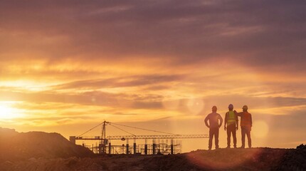Fototapeta premium Silhouette of Workers at Sunset – Teamwork, Hard Work and Success Concept with Copy Space