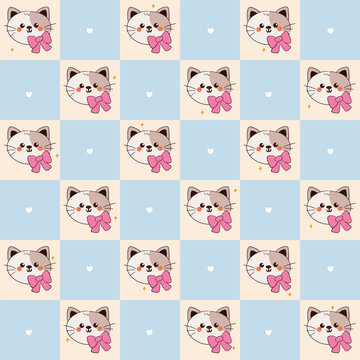 cute patchwork pattern with hand drawn cartoon cat wearing pink bow on its neck