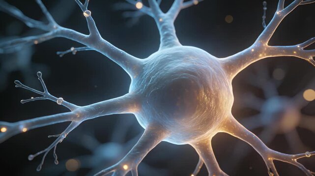 Close-up of a glowing neuron with interconnected synapses in a neural network