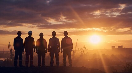 Fototapeta premium Silhouette of Workers at Sunset – Teamwork, Hard Work and Success Concept with Copy Space