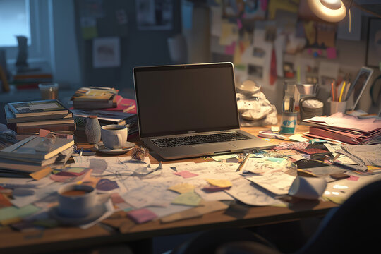 messy workspace with clutter, chaotic work environment and stress concept