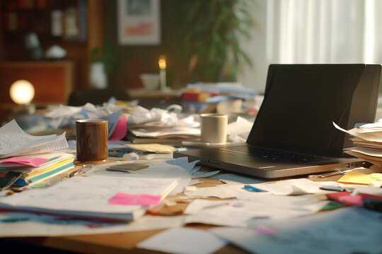 messy workspace with clutter, chaotic work environment and stress concept