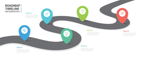 Business Infographic template design for business. 5 Steps Modern Timeline diagram with road journey concept. Presentation vector infographic template. © Syntro