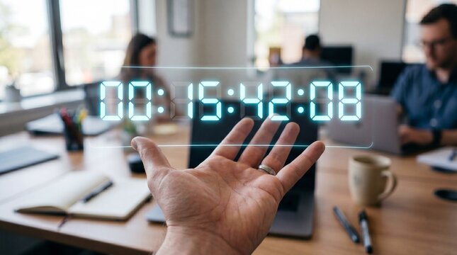 A hand holding a digital countdown timer in a modern office setting with people working in the background