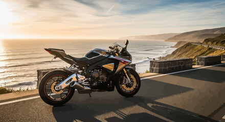 Obraz premium Motorcycle parked on roadside overlooking ocean.
