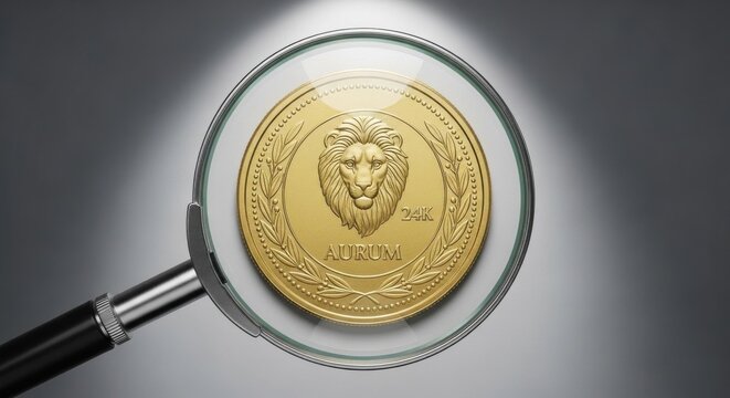 Gold coin with lion emblem examined under magnifying glass