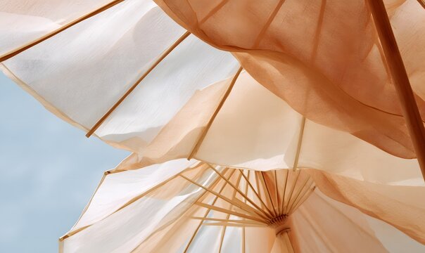 layered parasols viewed from below, warm sand-toned fabric with soft translucency, structured radial lines from umbrella frames forming graphic geometry