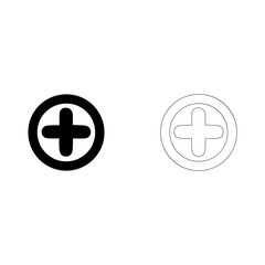 Obraz premium Minimalist vector graphic featuring a bold black plus symbol and a matching thin line outline version for modern user interface design and web application development