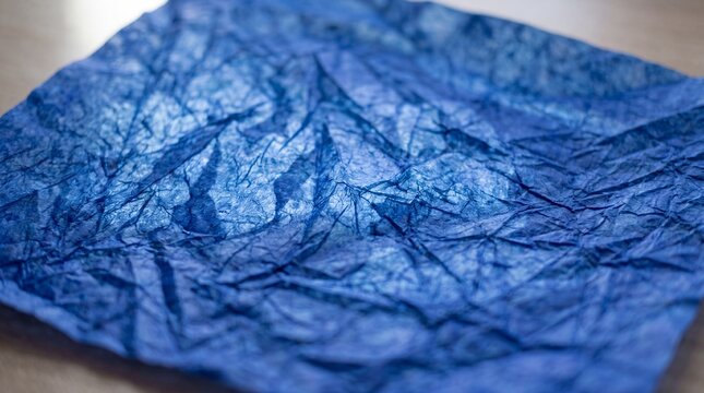 Wrinkled blue translucent paper surface creating an artistic texture and depth