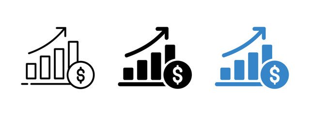 Obraz premium Financial growth icon with rising bar chart, upward arrow and dollar coin. Concept of profit increase, revenue growth, income, investment success and financial performance.