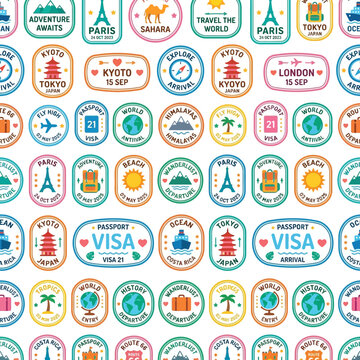 Seamless pattern of playful passport stamp icons featuring travel symbols and landmarks.
