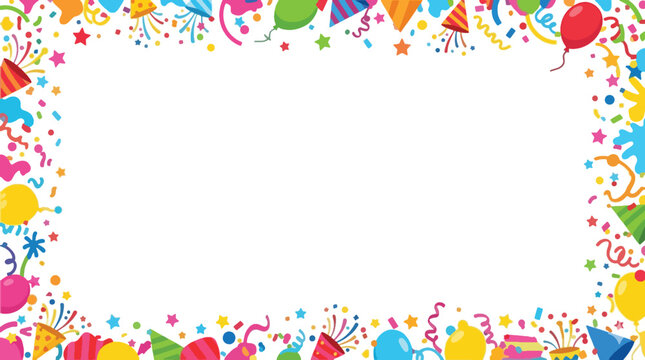 Colorful Festive Birthday Party Border with Balloons and Confetti on White Background