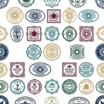 Seamless pattern of luxury style passport stamps for travel and adventure on white background with various colors.