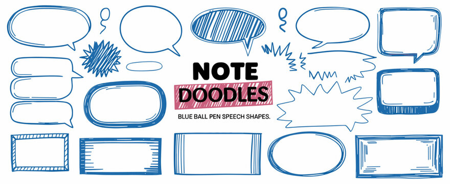 Blue pen text boxes and shapes collection. Blue ball pen ovals, rectangles and starburst doodles at grid notebook background. Crayon drawn note speech bubbles and shapes for text.