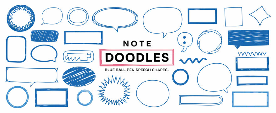 Blue pen text boxes and shapes collection. Blue ball pen ovals, rectangles and starburst doodles at grid notebook background. Crayon drawn note speech bubbles and shapes for text.