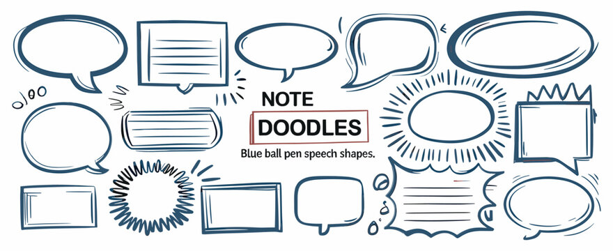 Blue pen text boxes and shapes collection. Blue ball pen ovals, rectangles and starburst doodles at grid notebook background. Crayon drawn note speech bubbles and shapes for text.