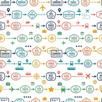 Seamless pattern of travel timeline inspired by passport stamps and icons of cities like Paris, London, and NYC.
