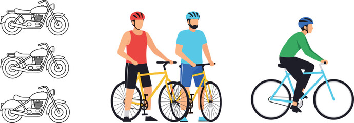 Fototapeta premium Versatile transportation vector set featuring classic motorcycle line art icons and flat style male cyclists riding bicycles for outdoor sports and urban travel design.