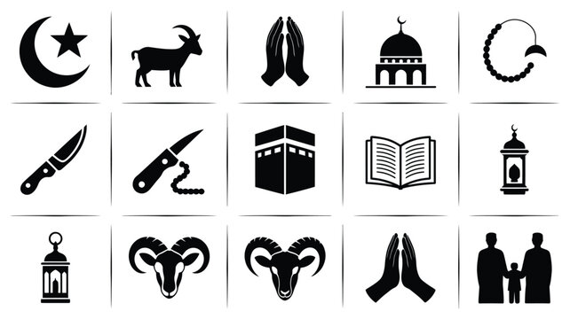 Black vector icons depicting ramadan and eid al adha symbols including moon goat praying hands mosque rosary knife quran lantern kaaba and ram's head on white background