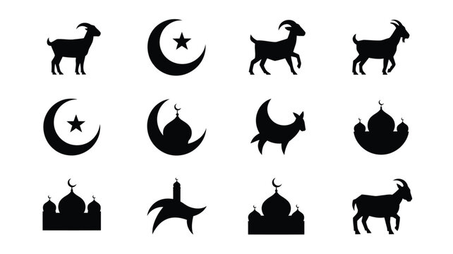 Islamic eid al adha icons set with goat silhouettes and mosque symbols on white background