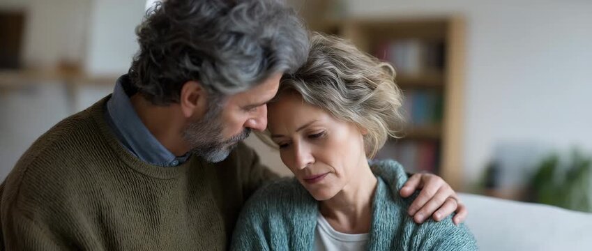 During a quiet, sad moment, a loving spouse tenderly consoles