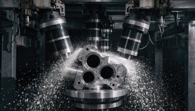 Medium shot capturing a multistage CNC machining system processing a reciprocating compressor crankcase with multiple cutting heads working in sequence.