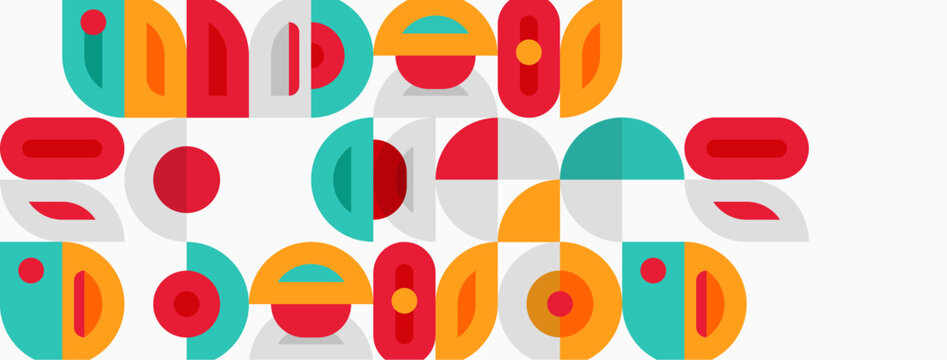 Abstract geometric shapes, vibrant colors, midcentury modern style. Composition features overlapping circles, rectangles, ovals.