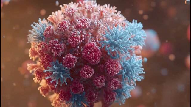 A detailed and vibrant rendering showcases a complex cellular structure, likely representing a biological cell or organism, set against a blurred, warm-toned background.
