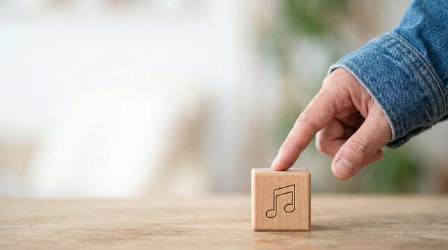 Wooden block music note with hand touching on table in soft light, minimal concept of sound and play