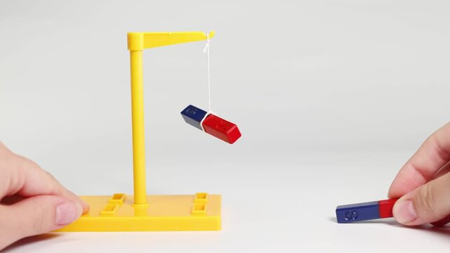 Experiment with bar magnets showing magnetic force and attraction on stand.