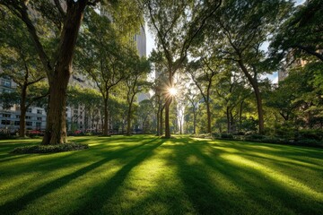 Obraz premium Sunbeams pierce through city trees onto manicured green lawn