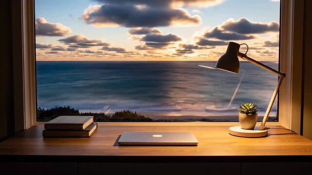 Desk with laptop and lamp overlooking serene ocean view, peaceful workspace, tranquil seaside, natural light, remote work setting, idyllic escape