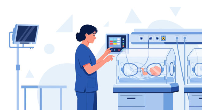 Nurse Attends Incubator with Newborn Baby in Neonatal Intensive Care Unit