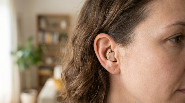  Close-up of Adult Woman Wearing Discreet Hearing Aid
