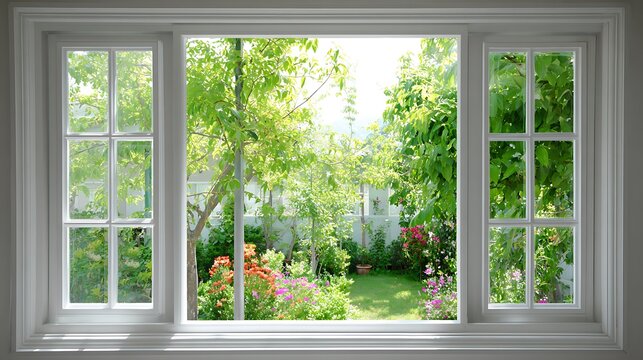 View of a lush green backyard garden through a white window frame.