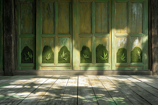 Tropical Architecture Background with Mossy Bamboo Carvings for Editorial Design