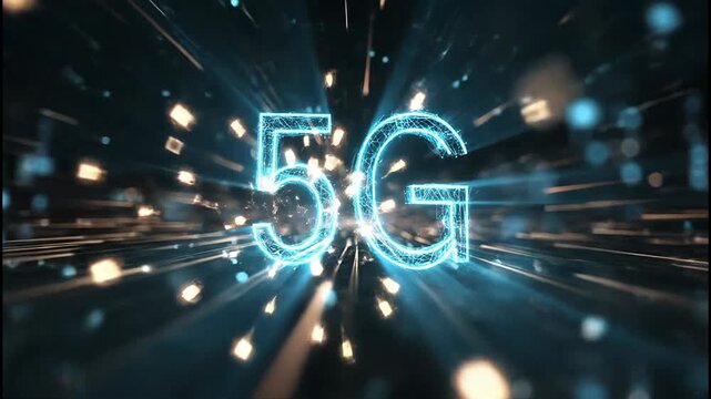 A futuristic digital rendering showcases the '5G' logo formed from glowing blue light streaks, symbolizing high-speed wireless technology and connectivity.