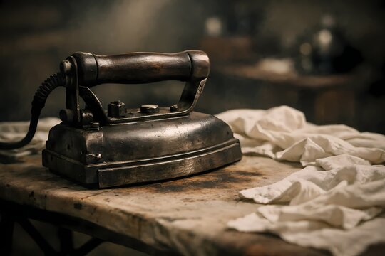 Heavy antique cast iron sadiron resting on an old wooden table beside wrinkled white fabric. Suitable for historical laundry themes vintage domestic life and rustic household chores.