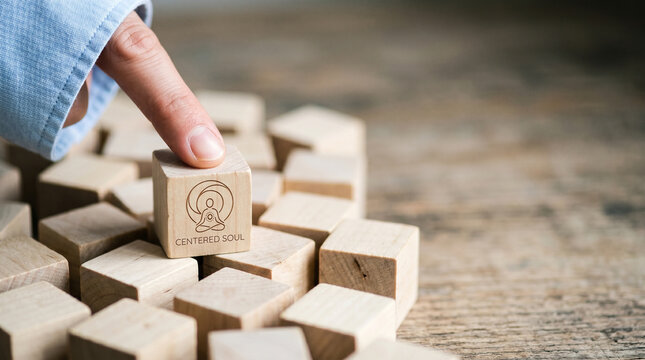 Wooden block finger hand cube puzzle arrangement stack wood block meditation balance concept mindfulness calm zen logo symbol toy game shape