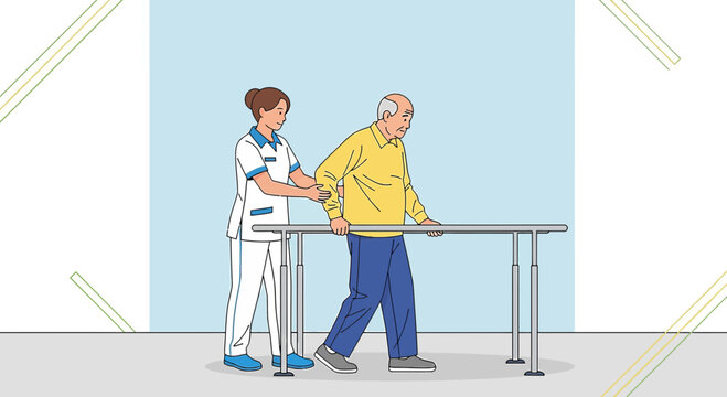 Nurse assisting elderly man walking with parallel bars for physical therapy