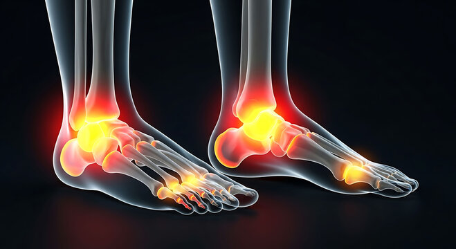 Human foot ankle joint pain inflammation glowing medical anatomy illustration
